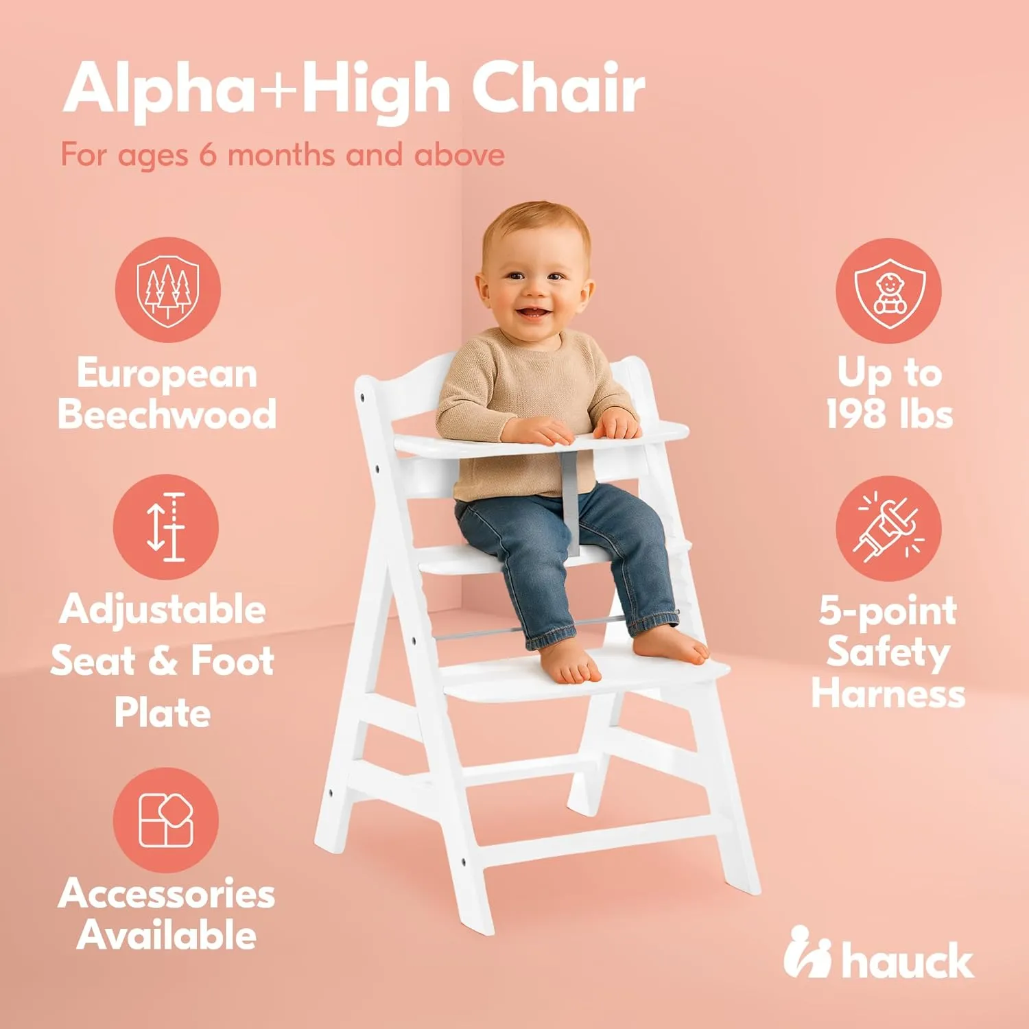 hauck Alpha  Grow Along Solid Beechwood Highchair with Adjustable Seat, White