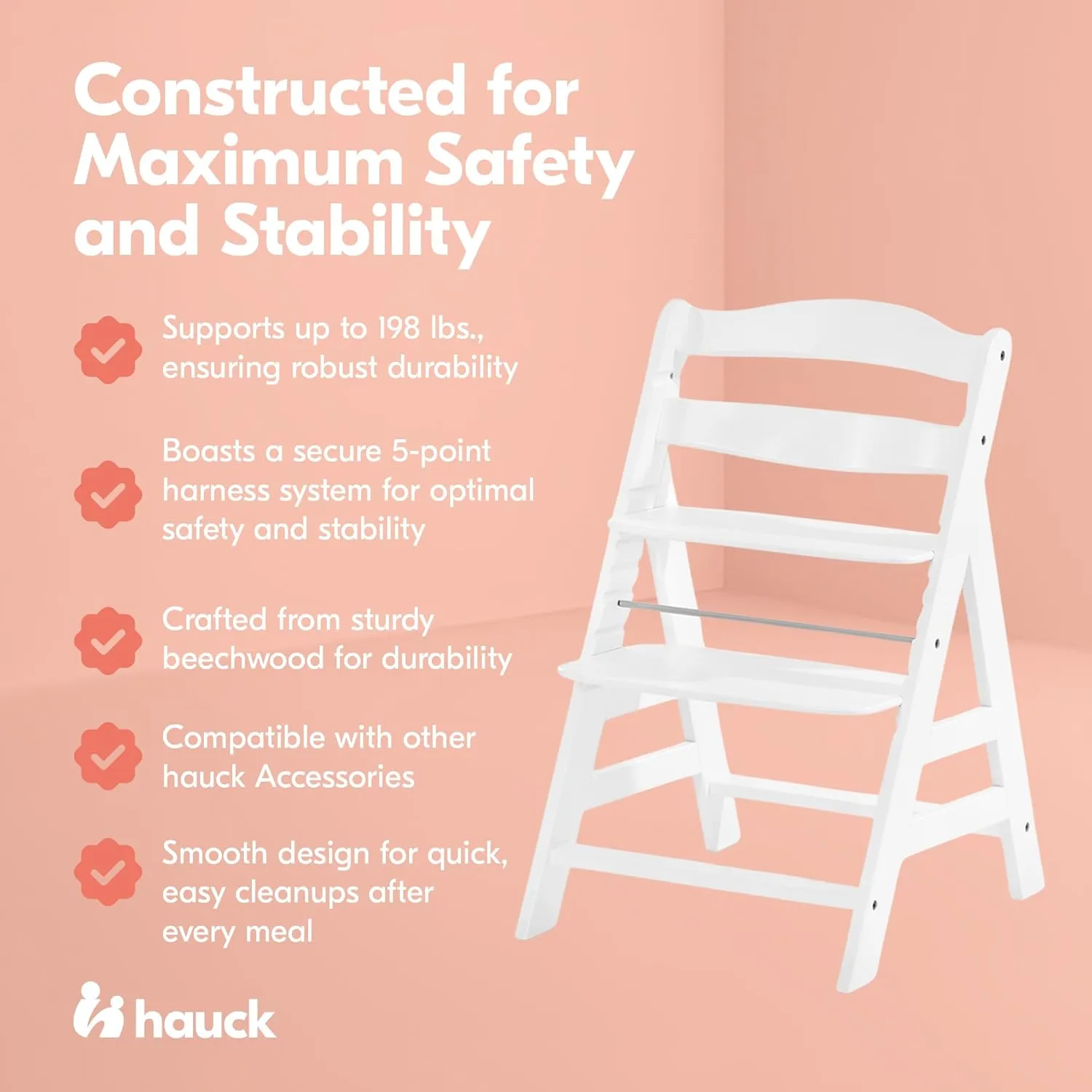 hauck Alpha  Grow Along Solid Beechwood Highchair with Adjustable Seat, White