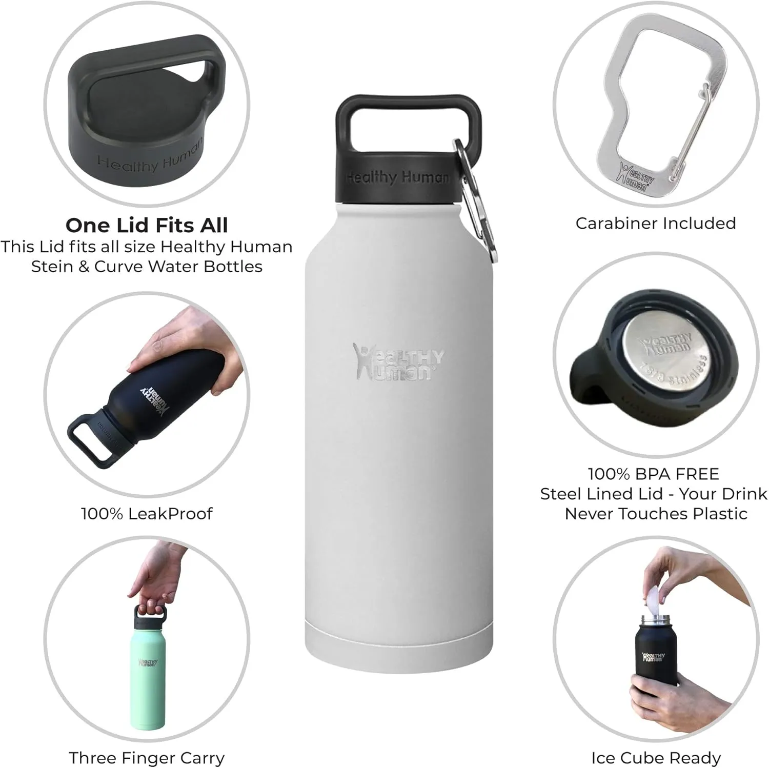 Healthy Human Stainless Steel Water Bottle | Double Walled Vacuum Insulated Water Thermos for Adults | Eco-Friendly Travel Bottles with Leak Proof Lid (Pure White, 32 oz/ 946 ML)