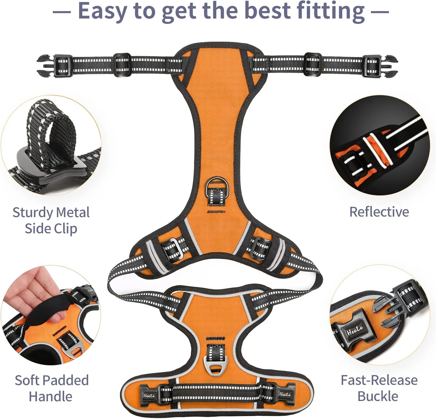 HEELE Dog Harness, No Pull Adjustable Padded Reflective Harness for Small Medium Large Dogs with Handle for Walking Training, Orange, XL