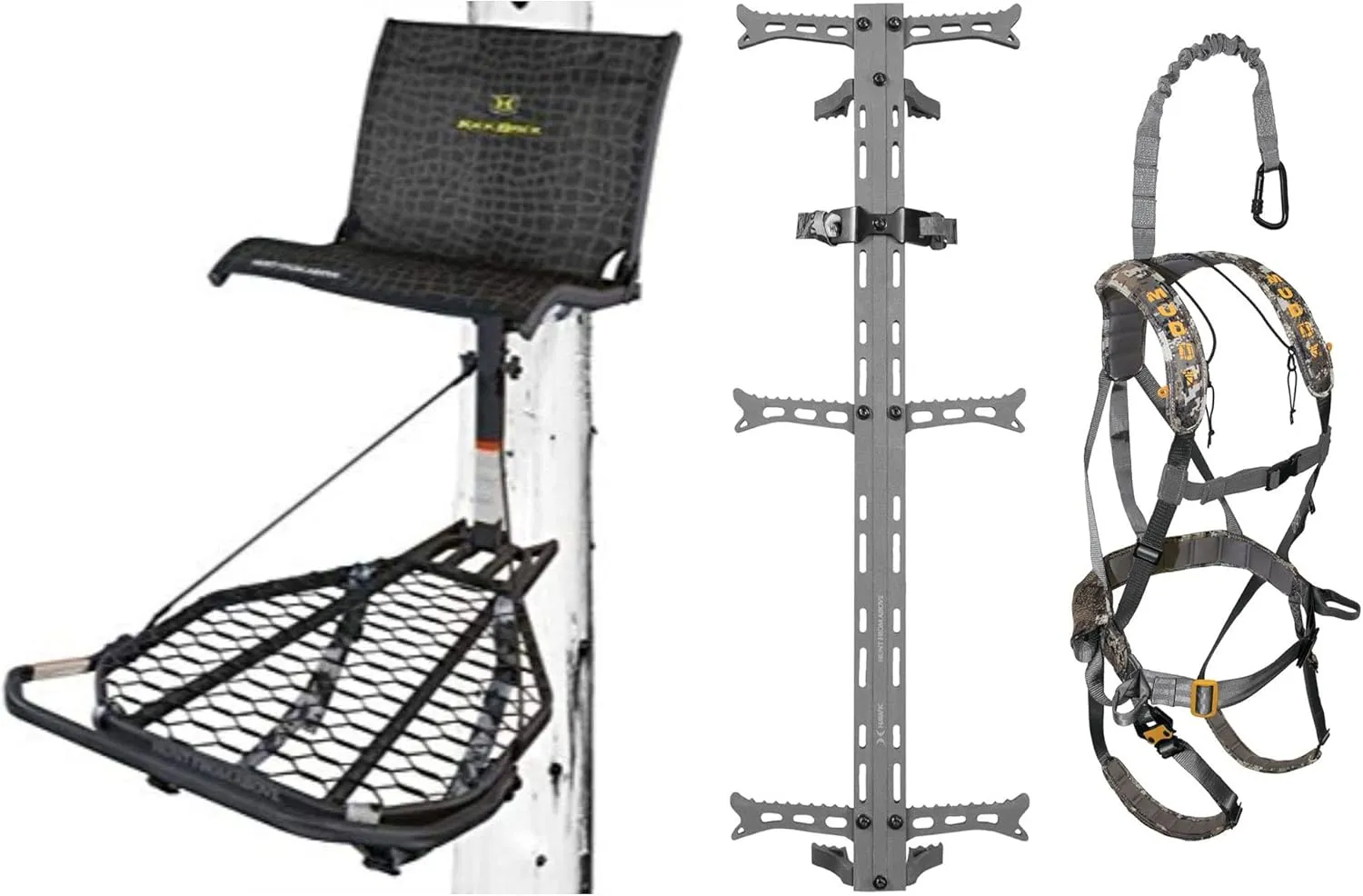 Helium Kickback Hang-On Tree Stand w/Footrest, 24" x 30" Platform, Set of 3 Climbing Sticks & Muddy Ambush Padded Safety Harness