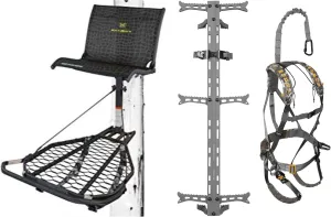 Helium Kickback Hang-On Tree Stand w/Footrest, 24" x 30" Platform, Set of 3 Climbing Sticks & Muddy Ambush Padded Safety Harness