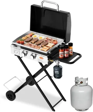 Hisencn 2-Burner Propane Gas Griddle with Collapsible Stand, Propane Gas Grill, 22 Inch Portable Griddle with Side Table & 352 Sq. In. Cooking Area for Camping, Tailgating, Backyard & Patio