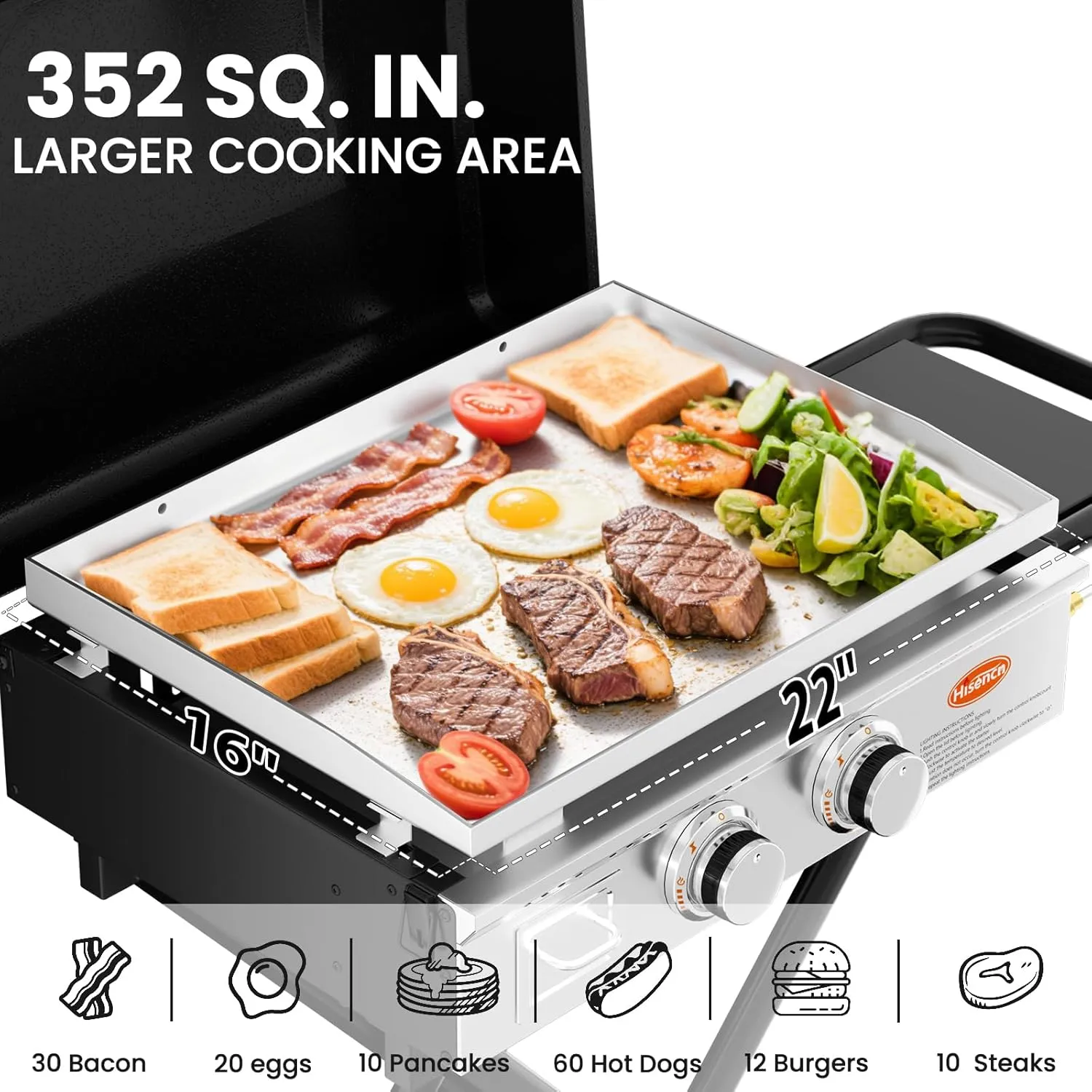 Hisencn 2-Burner Propane Gas Griddle with Collapsible Stand, Propane Gas Grill, 22 Inch Portable Griddle with Side Table & 352 Sq. In. Cooking Area for Camping, Tailgating, Backyard & Patio
