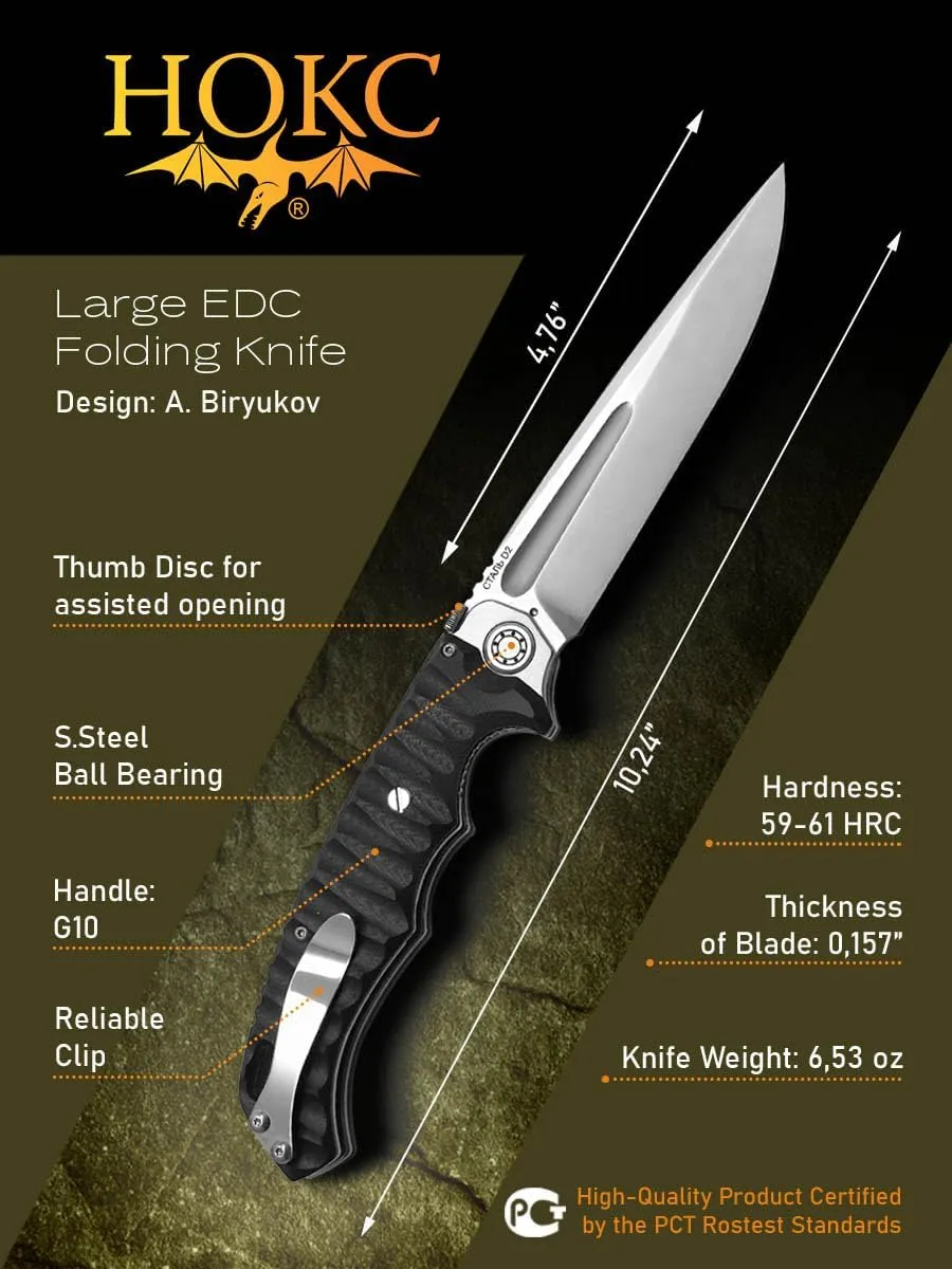 HOKC Cougar | 332-100406 | Pocket Knife, EDC Knife by Official Dealer - Designed by Russian Master Aleksander Biryukov - Liner Lock, G10 Handle, Thumb Stud, Pocket Clip, D2 Stainless Steel, Satin Finished - Ideal for Camping & Hunting