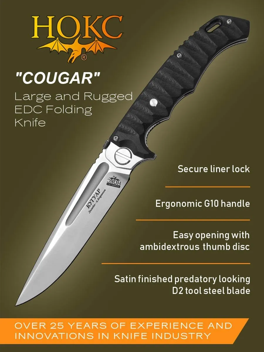 HOKC Cougar | 332-100406 | Pocket Knife, EDC Knife by Official Dealer - Designed by Russian Master Aleksander Biryukov - Liner Lock, G10 Handle, Thumb Stud, Pocket Clip, D2 Stainless Steel, Satin Finished - Ideal for Camping & Hunting