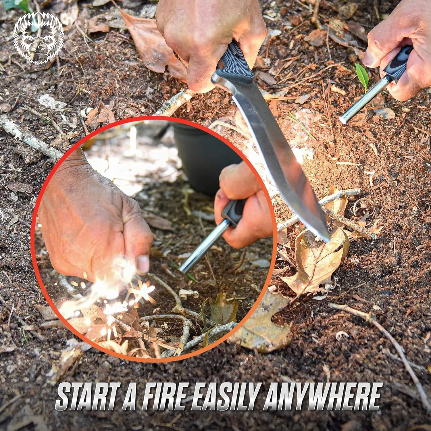 Holtzman's Gorilla Survival Grauer Fixed Blade Hunting Knife with K-Sheath, Fire Starter, G10 Scraper & Paracord (Silver) - Perfect for Camping and Hiking