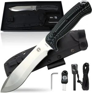 Holtzman's Gorilla Survival Grauer Fixed Blade Hunting Knife with K-Sheath, Fire Starter, G10 Scraper & Paracord (Silver) - Perfect for Camping and Hiking