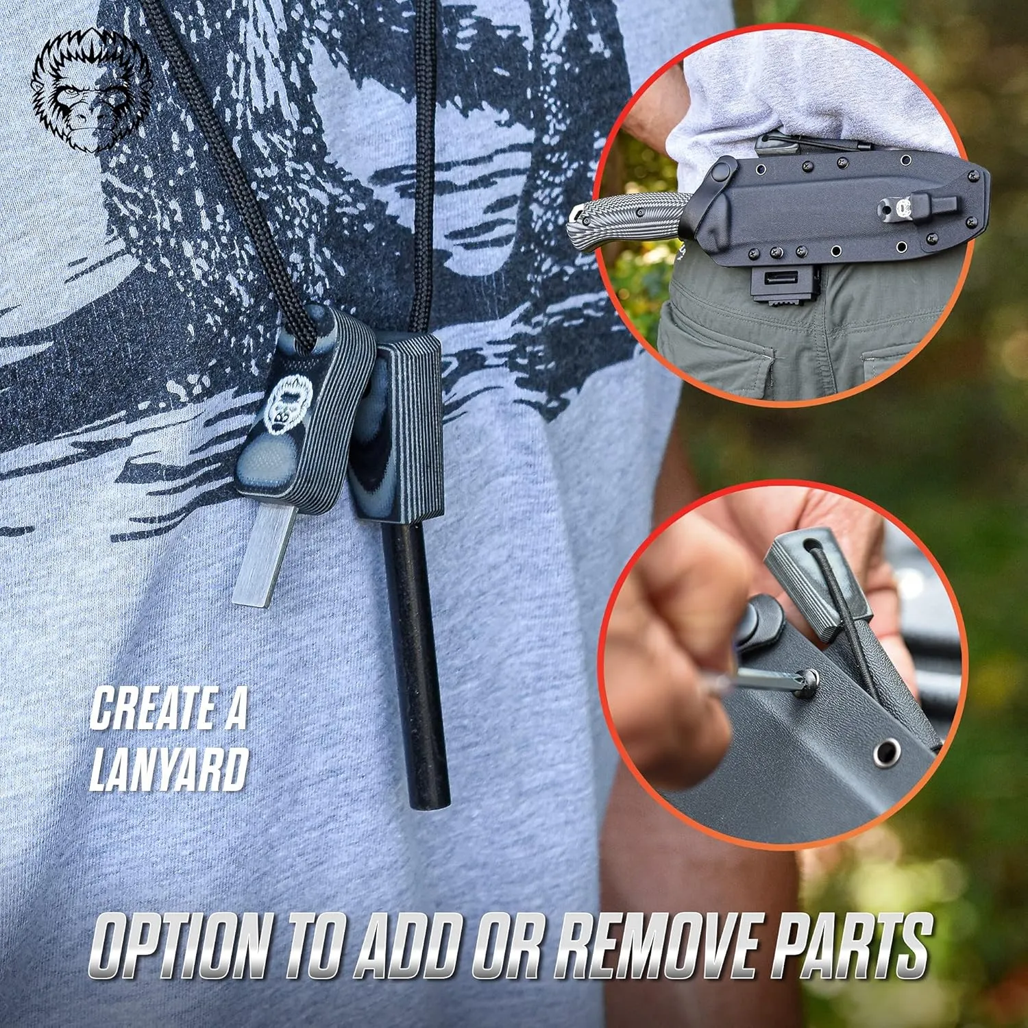 Holtzman's Gorilla Survival Grauer Fixed Blade Hunting Knife with K-Sheath, Fire Starter, G10 Scraper & Paracord (Silver) - Perfect for Camping and Hiking