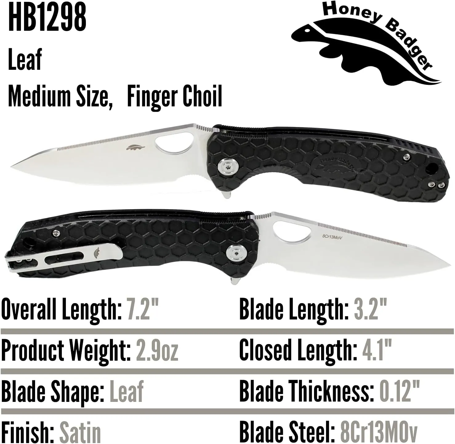 Honey Badger Medium Leaf Black Pocket Knife - 3.19" Blade Fiberglass-Reinforced Nylon Handle Ambidextrous Clip 2.9oz