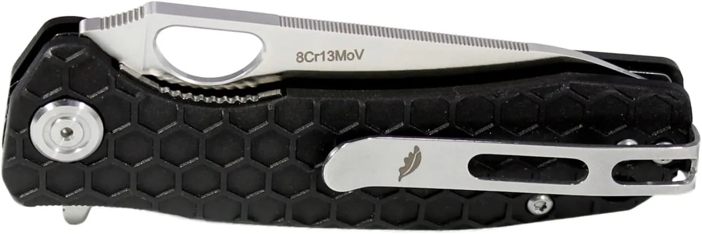 Honey Badger Medium Leaf Black Pocket Knife - 3.19" Blade Fiberglass-Reinforced Nylon Handle Ambidextrous Clip 2.9oz