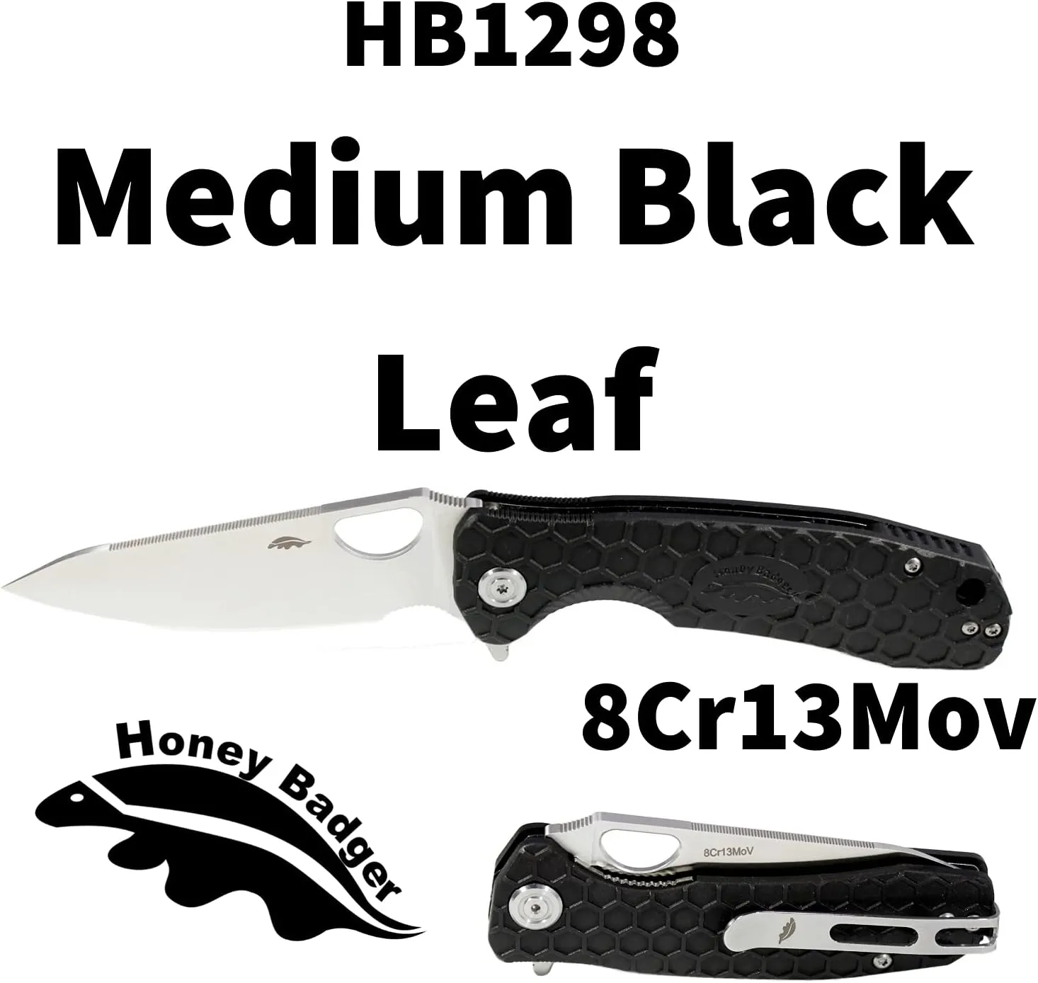 Honey Badger Medium Leaf Black Pocket Knife - 3.19" Blade Fiberglass-Reinforced Nylon Handle Ambidextrous Clip 2.9oz