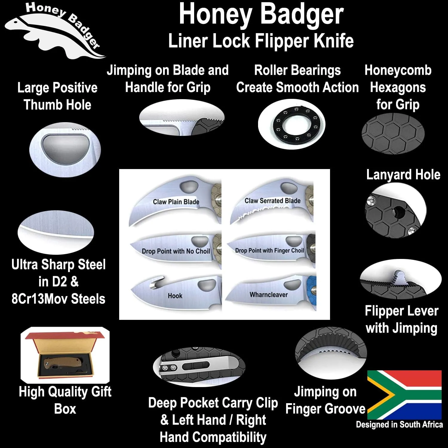 Honey Badger Medium Leaf Black Pocket Knife - 3.19" Blade Fiberglass-Reinforced Nylon Handle Ambidextrous Clip 2.9oz