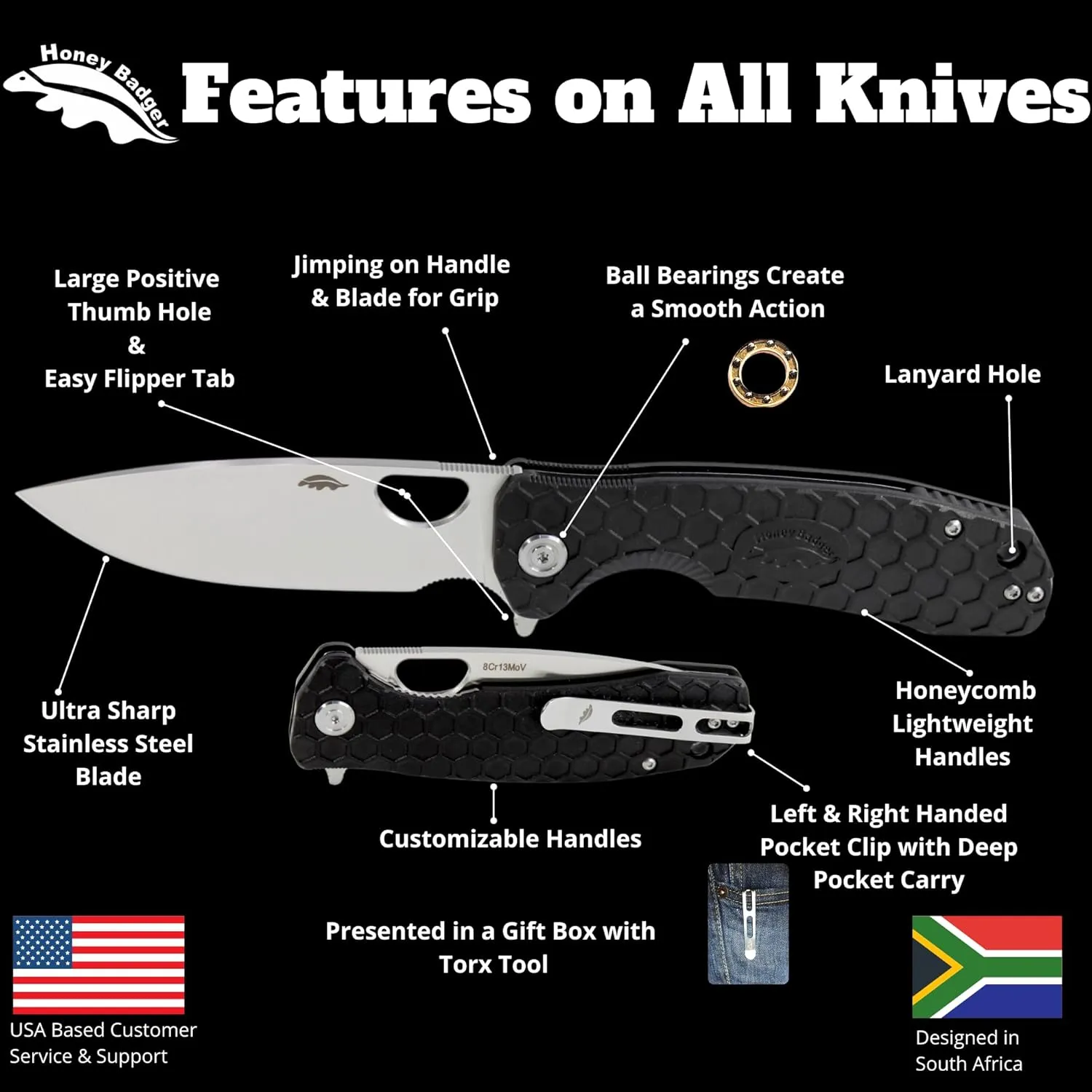 Honey Badger Small Pocket Knife EDC Drop Point Folding Utility Knife 2.8" Steel Blade Reversible Pocket Clip - (2.6oz) Drop Point D2 Small Black HB1026