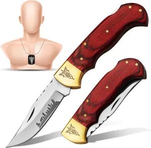 Hundex 3.25" Folding Pocket Knife, 420HC Blade, Pakka Wood Handle, Brass Lord of the Rings Symbol, EDC Tactical Knife with Gift Locket, Ideal for Camping, Survival, and Gifts (Red Pakka Wood)