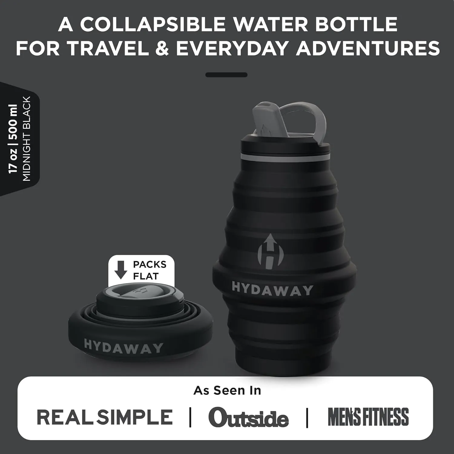 HYDAWAY Collapsible Water Bottle - 17oz I Reusable Water Bottles with Flip Top Lid for Travel, Hiking, Backpacking I Portable & Leakproof, Food-Grade Silicone, BPA Free, Collapses to 1.5”
