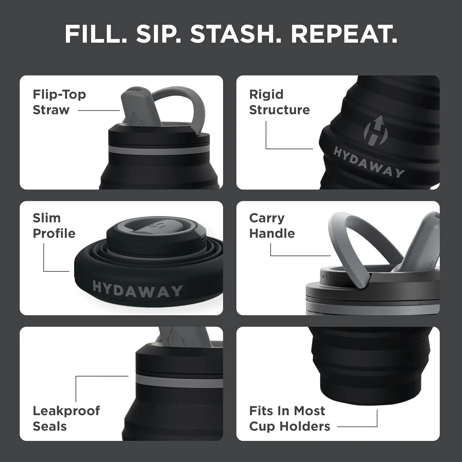 HYDAWAY Collapsible Water Bottle - 17oz I Reusable Water Bottles with Flip Top Lid for Travel, Hiking, Backpacking I Portable & Leakproof, Food-Grade Silicone, BPA Free, Collapses to 1.5”