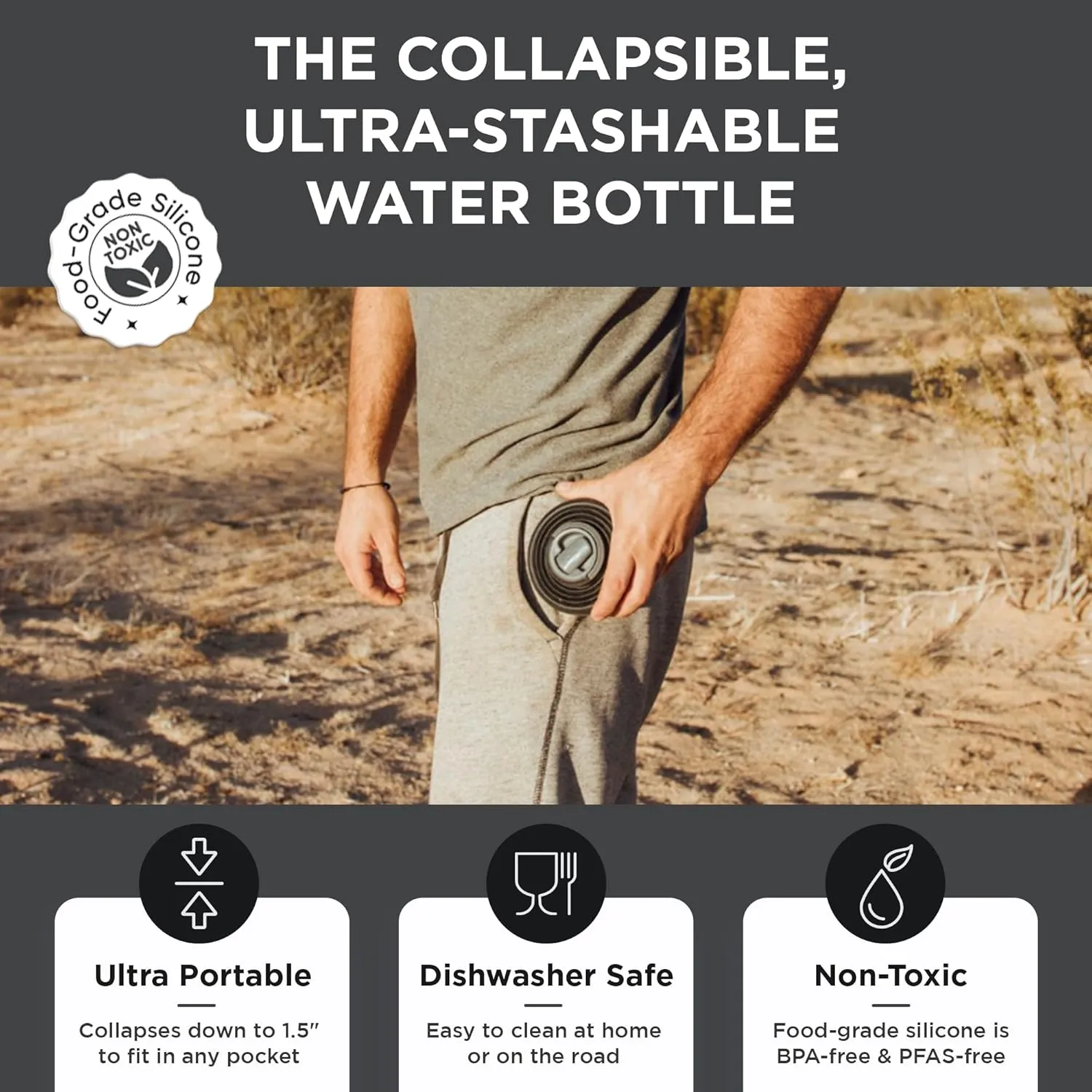 HYDAWAY Collapsible Water Bottle - 17oz I Reusable Water Bottles with Flip Top Lid for Travel, Hiking, Backpacking I Portable & Leakproof, Food-Grade Silicone, BPA Free, Collapses to 1.5”