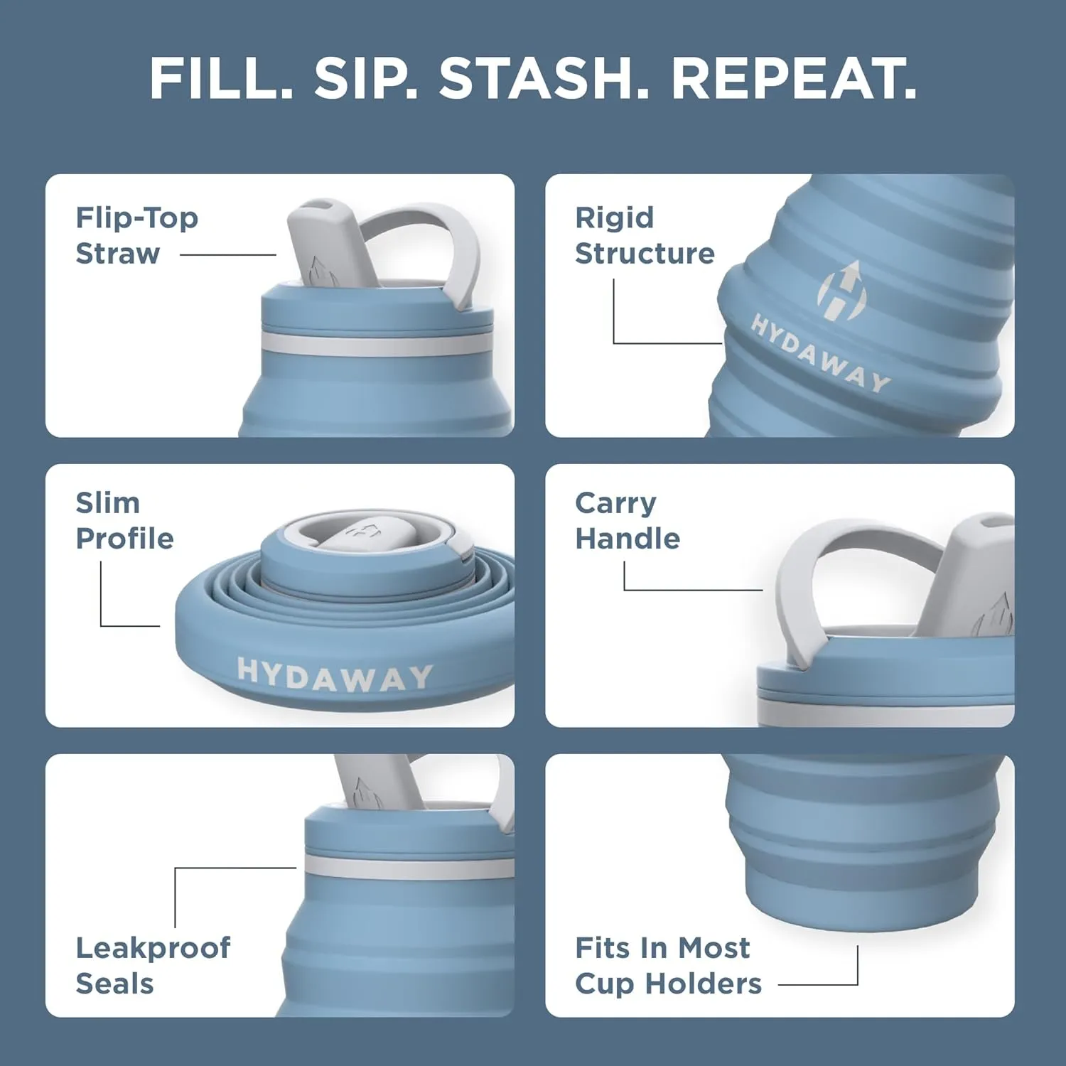HYDAWAY Collapsible Water Bottle - 25oz I Reusable Water Bottle with Flip Top Lid for Travel, Hiking, Backpacking I Portable & Leakproof, Food-Grade Silicone, BPA Free, Collapses to 1.5”