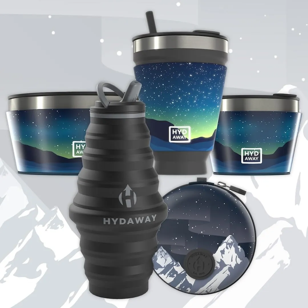 HYDAWAY Ultimate Outdoor Explorer Kit - Collapsible 25oz Water Bottle, 16oz Insulated Tumbler, 1-Quart and 1.5-Cup Insulated Bowls, and Protective Case - Reusable, BPA-Free Camping and Travel Set