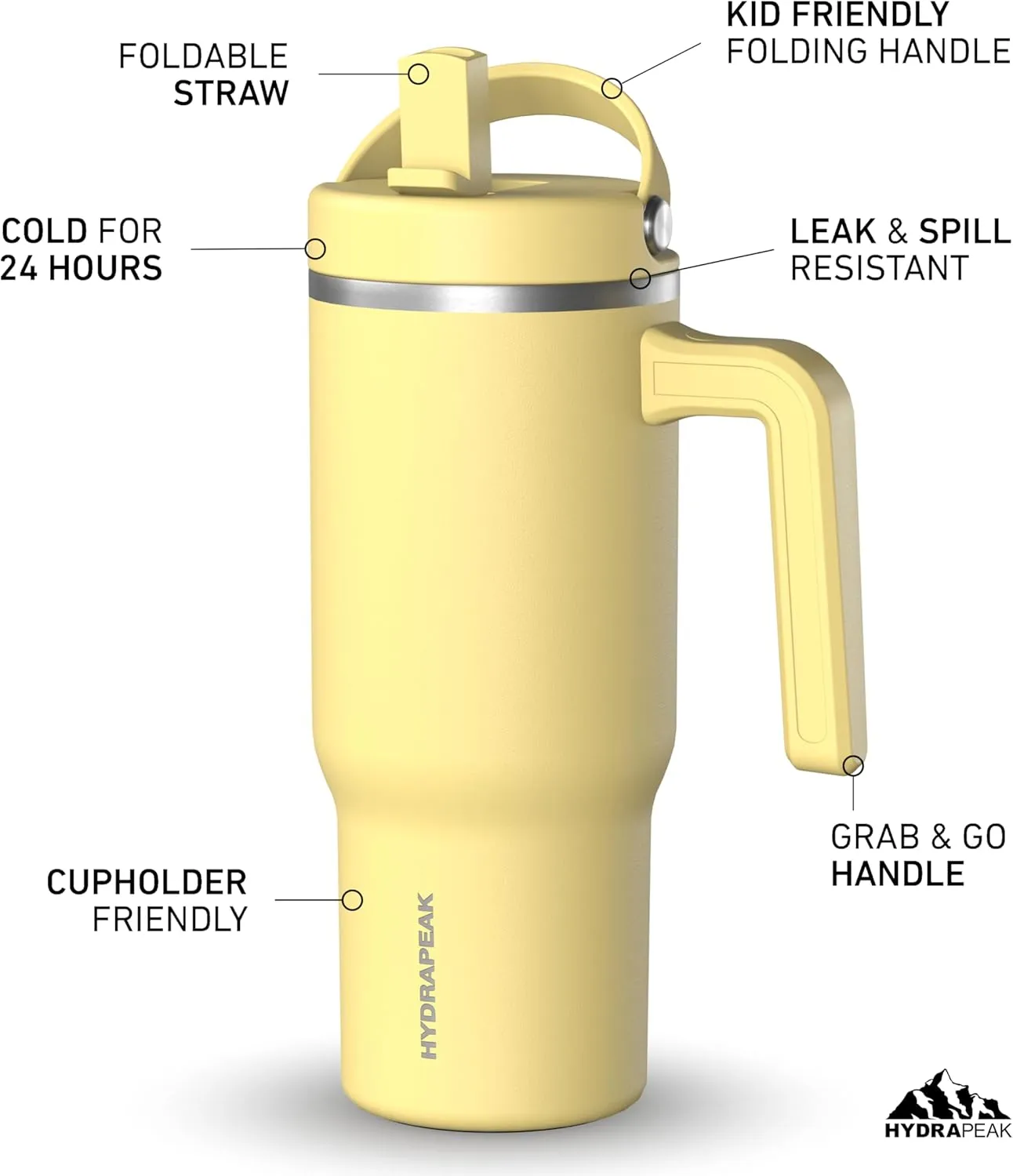Hydrapeak Kids Voyager 18 oz Tumbler with Handle and Flip-Up Straw Lid | Spill Proof and Leak Resistant | Reusable Stainless Steel Water Bottle | Gift for Kids Boys Girls | Canary
