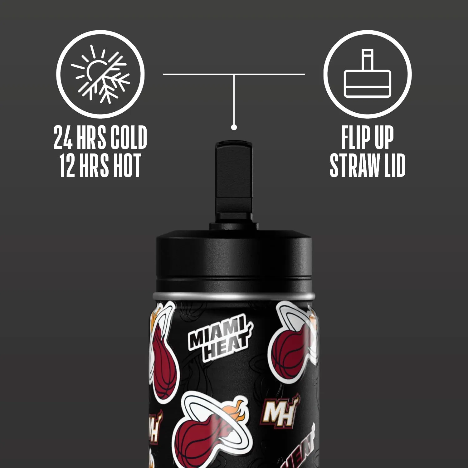 Hydrapeak x NBA Officially Licensed Miami Heat 14oz Mini Kids Water Bottle with Straw Lid and Handle Reusable Stainless Steel Double Wall Insulated Spill Proof Sports Gift for Boys Girls