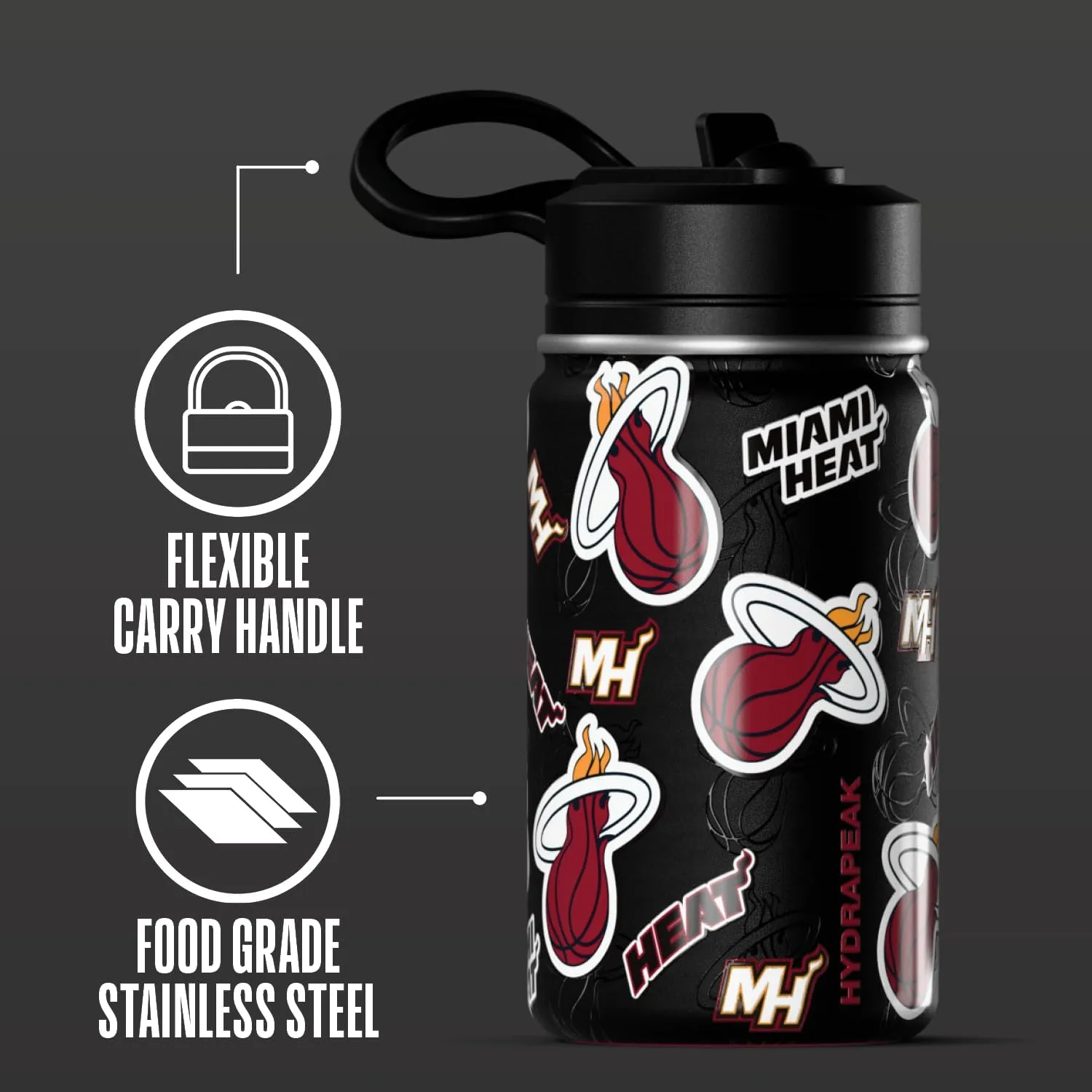 Hydrapeak x NBA Officially Licensed Miami Heat 14oz Mini Kids Water Bottle with Straw Lid and Handle Reusable Stainless Steel Double Wall Insulated Spill Proof Sports Gift for Boys Girls