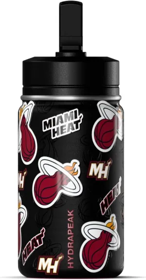 Hydrapeak x NBA Officially Licensed Miami Heat 14oz Mini Kids Water Bottle with Straw Lid and Handle Reusable Stainless Steel Double Wall Insulated Spill Proof Sports Gift for Boys Girls