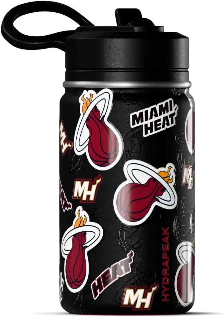Hydrapeak x NBA Officially Licensed Miami Heat 14oz Mini Kids Water Bottle with Straw Lid and Handle Reusable Stainless Steel Double Wall Insulated Spill Proof Sports Gift for Boys Girls