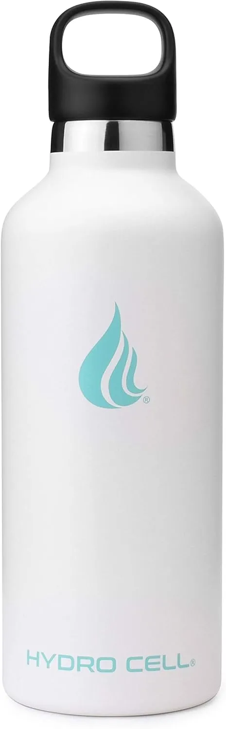 HYDRO CELL Stainless Steel Water Bottle with Straw & 2 Standard Mouth Lids (32oz 24oz 20oz 16oz) Keeps Liquids Hot or Cold w/Double Wall Vacuum Insulated Leak Proof Sport Design (White 32oz)