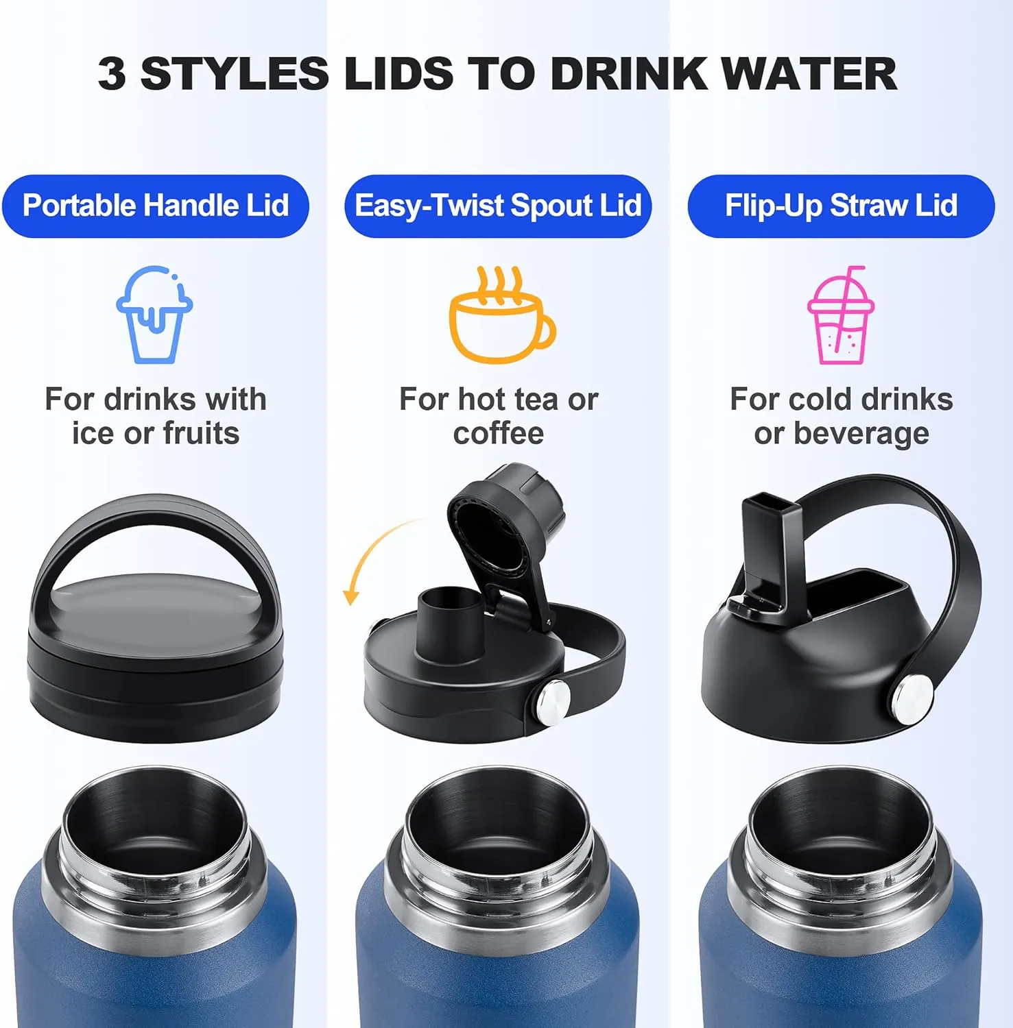 HYDROWION 32oz Water Bottle, Double Wall Vacuum Stainless Steel Insulated Water Flask with Straw Lid, Spout Lid and Flex Cap(Cold for 48 Hrs, Hot for 24 Hrs), Leakproof Travel Thermo Mug, Black&Grey