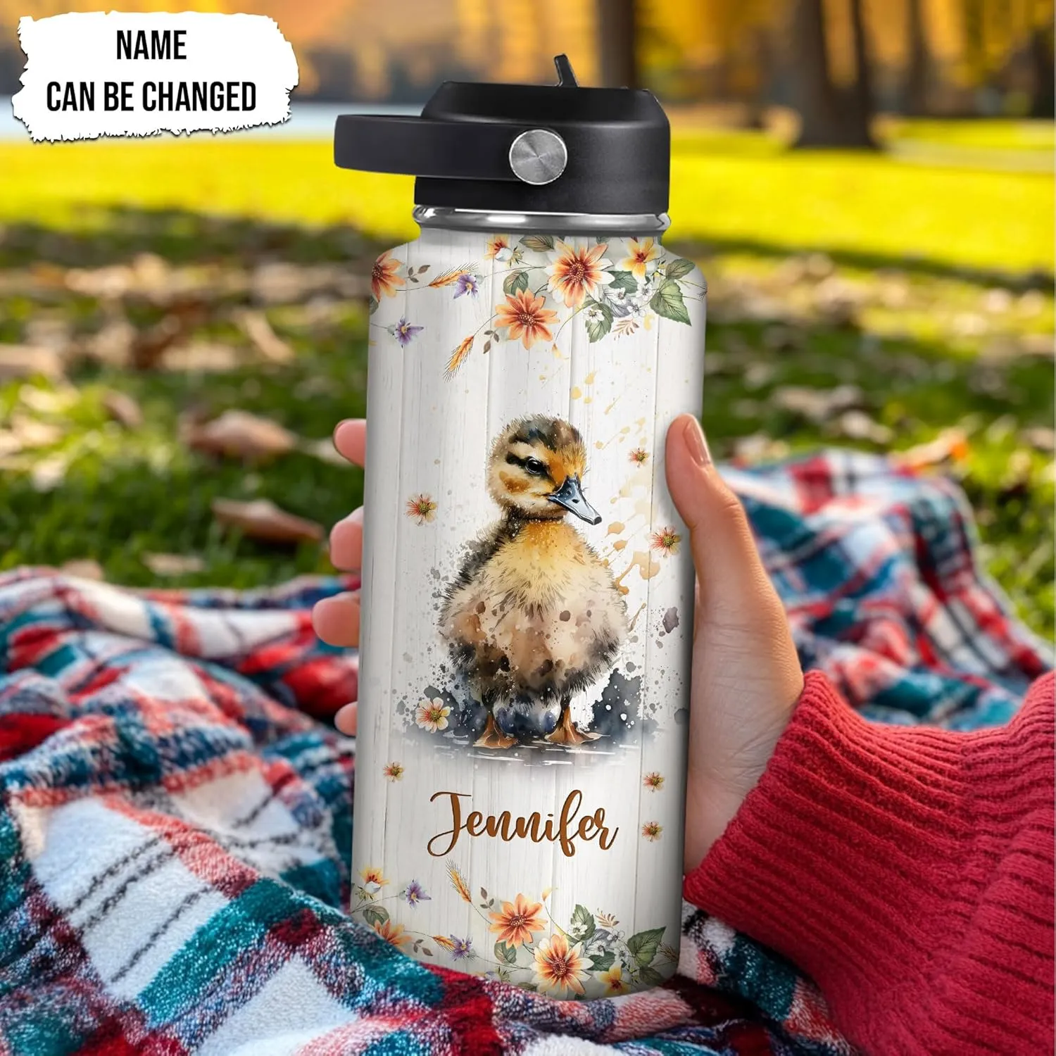 Hyturtle Personalized Duck Water Bottle - Custom Name Insulated Stainless Steel Bottle with Leak-Proof Lid 18oz 32oz - Animal Lover Gift for Women Girls Duck Lovers - Birthday & Christmas Gift