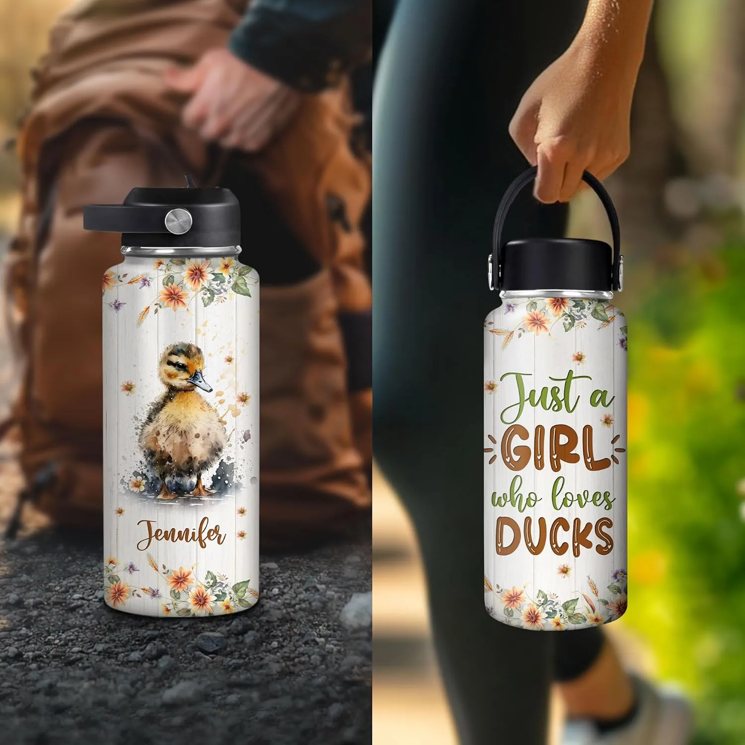 Hyturtle Personalized Duck Water Bottle - Custom Name Insulated Stainless Steel Bottle with Leak-Proof Lid 18oz 32oz - Animal Lover Gift for Women Girls Duck Lovers - Birthday & Christmas Gift