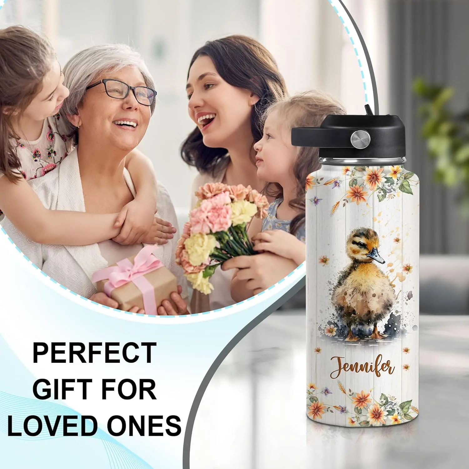 Hyturtle Personalized Duck Water Bottle - Custom Name Insulated Stainless Steel Bottle with Leak-Proof Lid 18oz 32oz - Animal Lover Gift for Women Girls Duck Lovers - Birthday & Christmas Gift