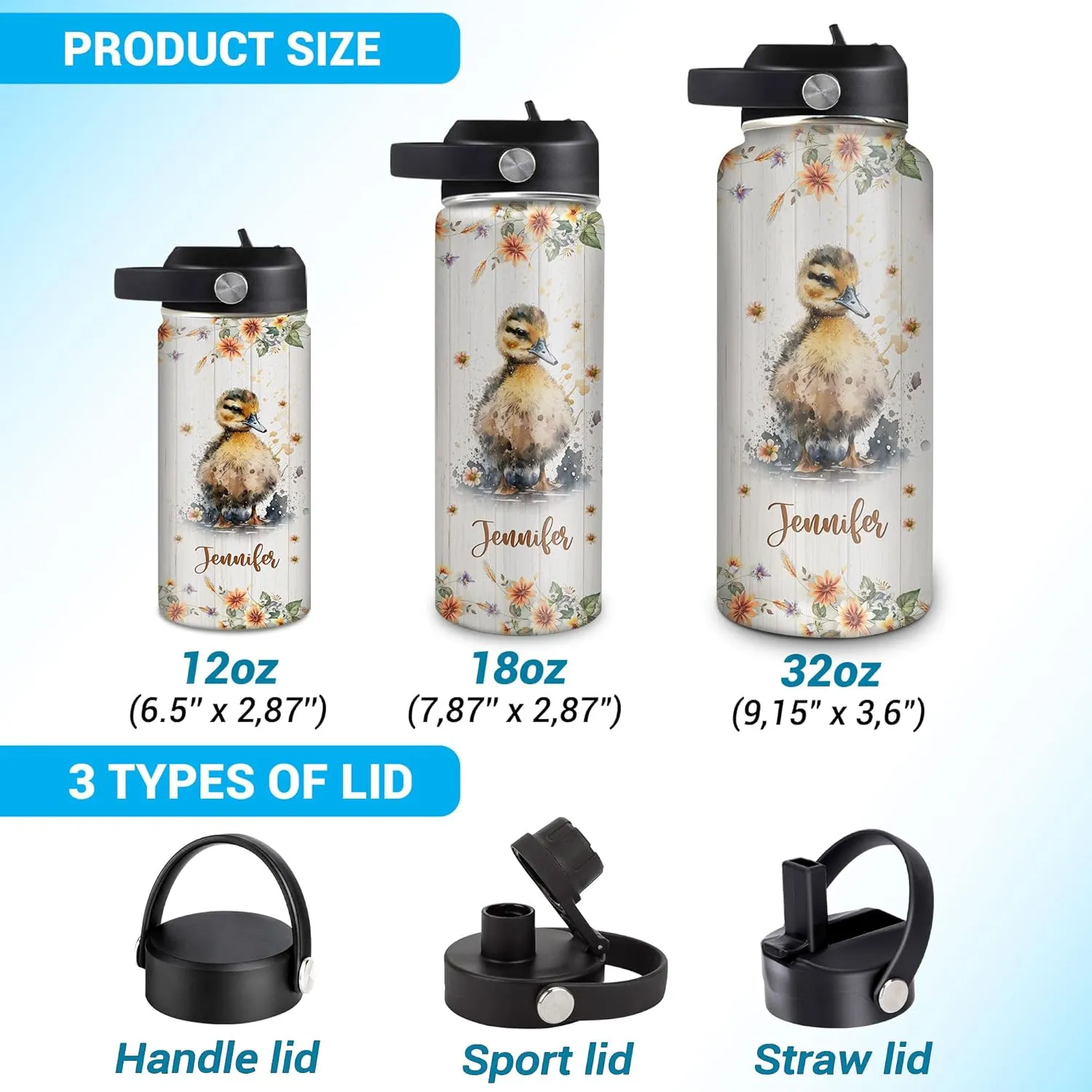 Hyturtle Personalized Duck Water Bottle - Custom Name Insulated Stainless Steel Bottle with Leak-Proof Lid 18oz 32oz - Animal Lover Gift for Women Girls Duck Lovers - Birthday & Christmas Gift
