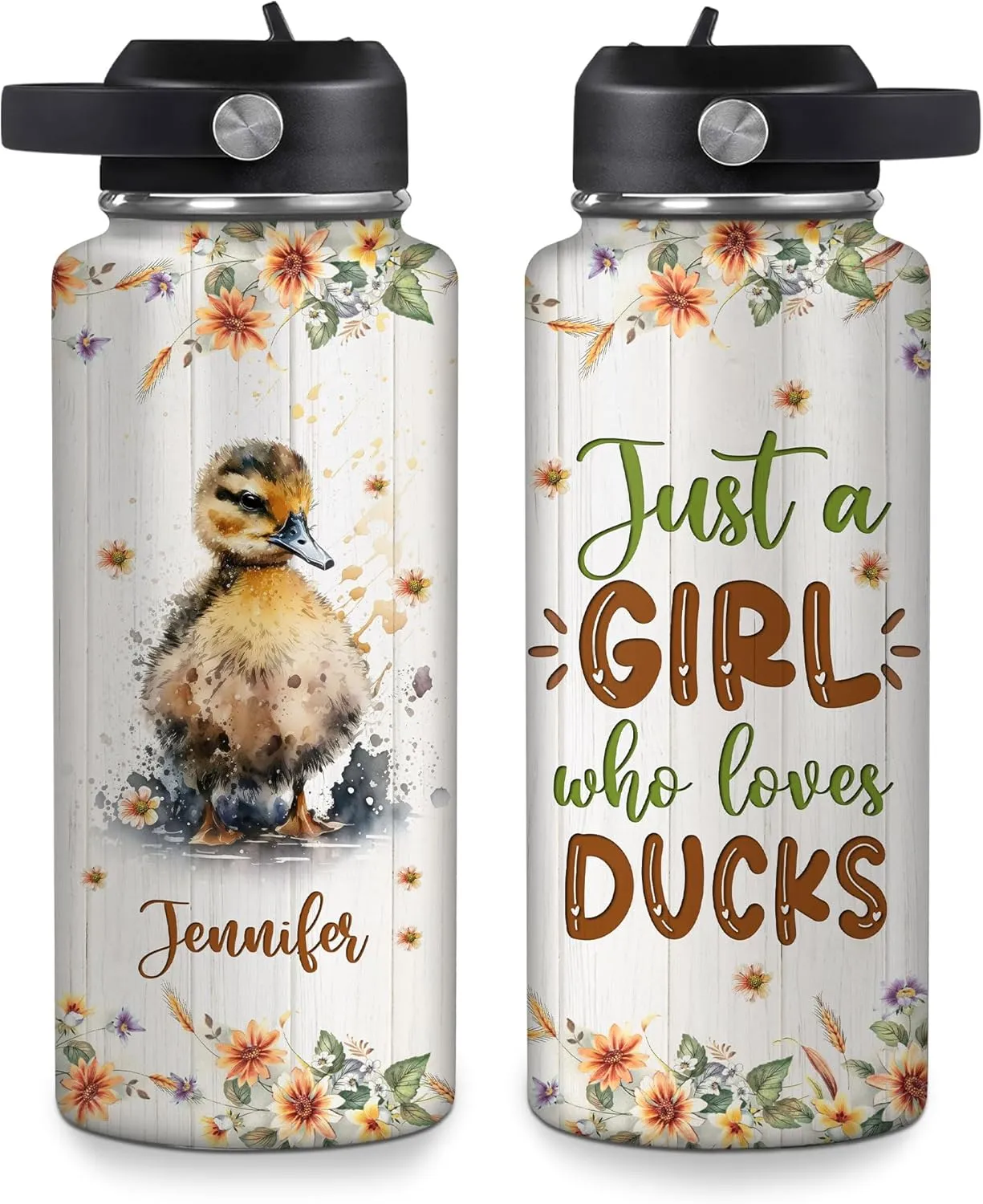 Hyturtle Personalized Duck Water Bottle - Custom Name Insulated Stainless Steel Bottle with Leak-Proof Lid 18oz 32oz - Animal Lover Gift for Women Girls Duck Lovers - Birthday & Christmas Gift