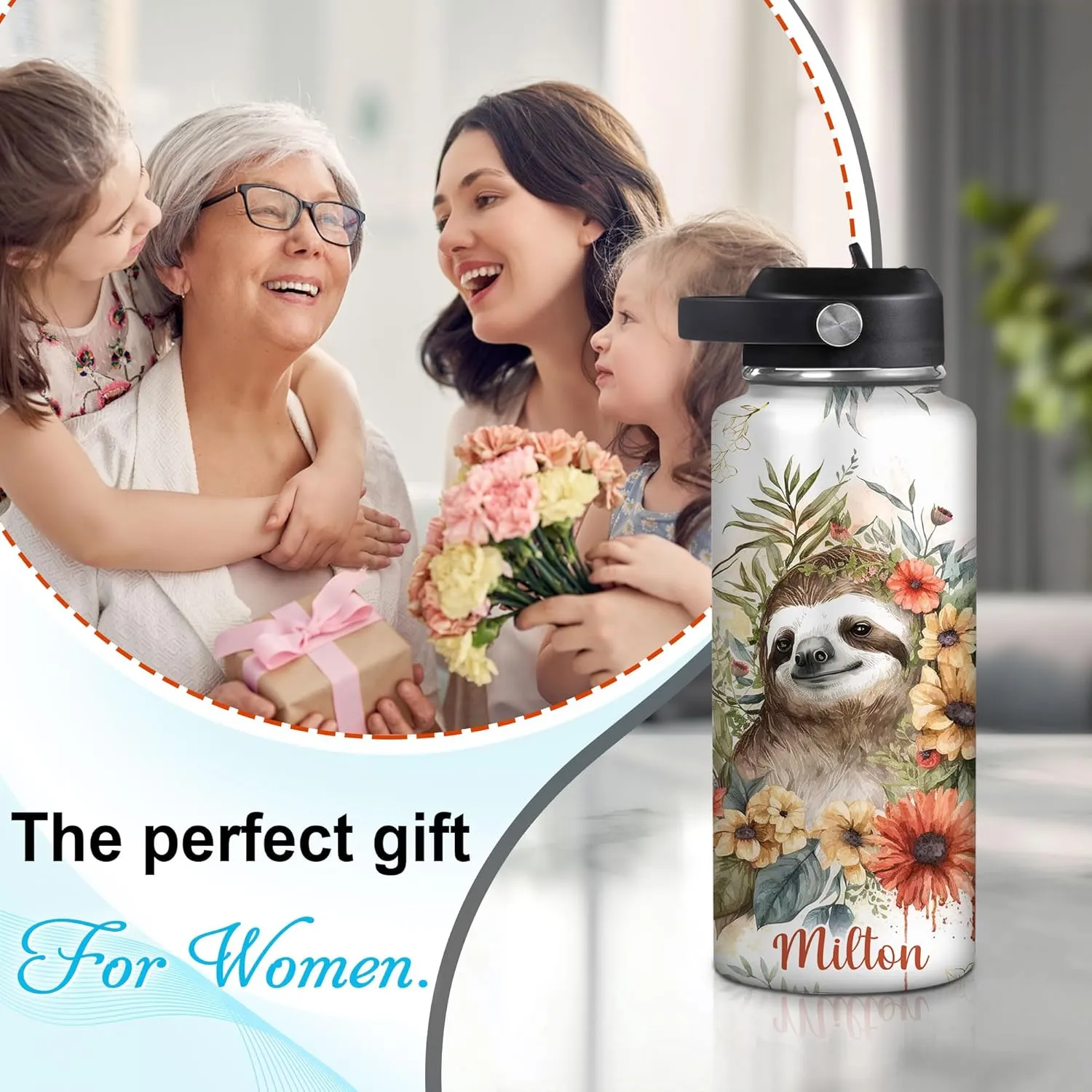 Hyturtle Personalized Gift for Sloth Lovers - Animal Lover Gift for Women Girls on Birthday Christmas - Sloth Lover Gifts - 18oz 32oz Stainless Steel Bottle - Insulated Travel Water Bottle