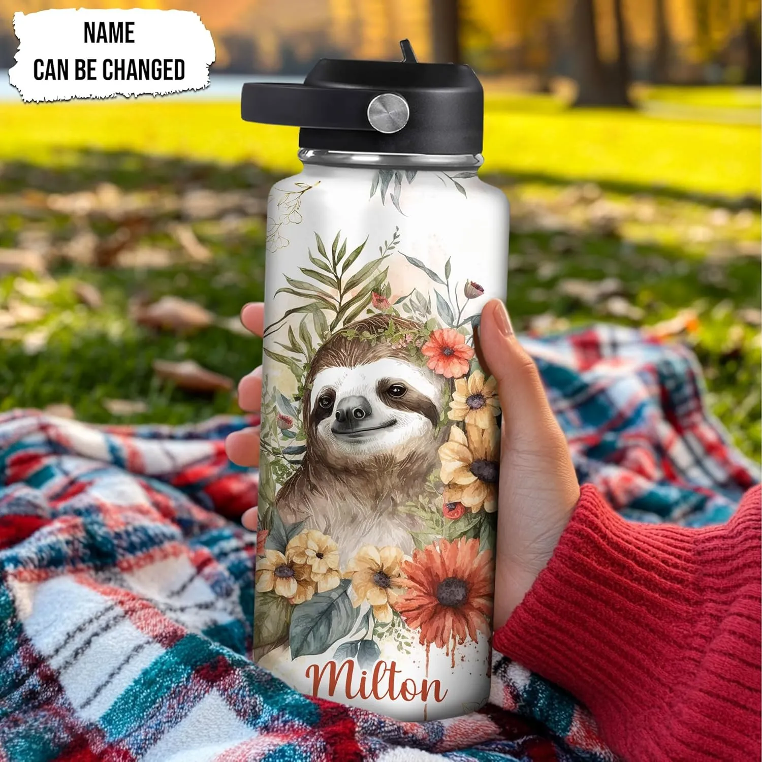 Hyturtle Personalized Gift for Sloth Lovers - Animal Lover Gift for Women Girls on Birthday Christmas - Sloth Lover Gifts - 18oz 32oz Stainless Steel Bottle - Insulated Travel Water Bottle