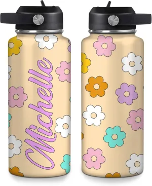 Hyturtle Personalized Gifts For Daisy Flower Lover - White Daisy Flower Print Custom Name Stainless Steel Water Bottle 12oz 18oz 32oz Stainless Steel Bottle With Straw Lid - Gifts For Her Women Girl