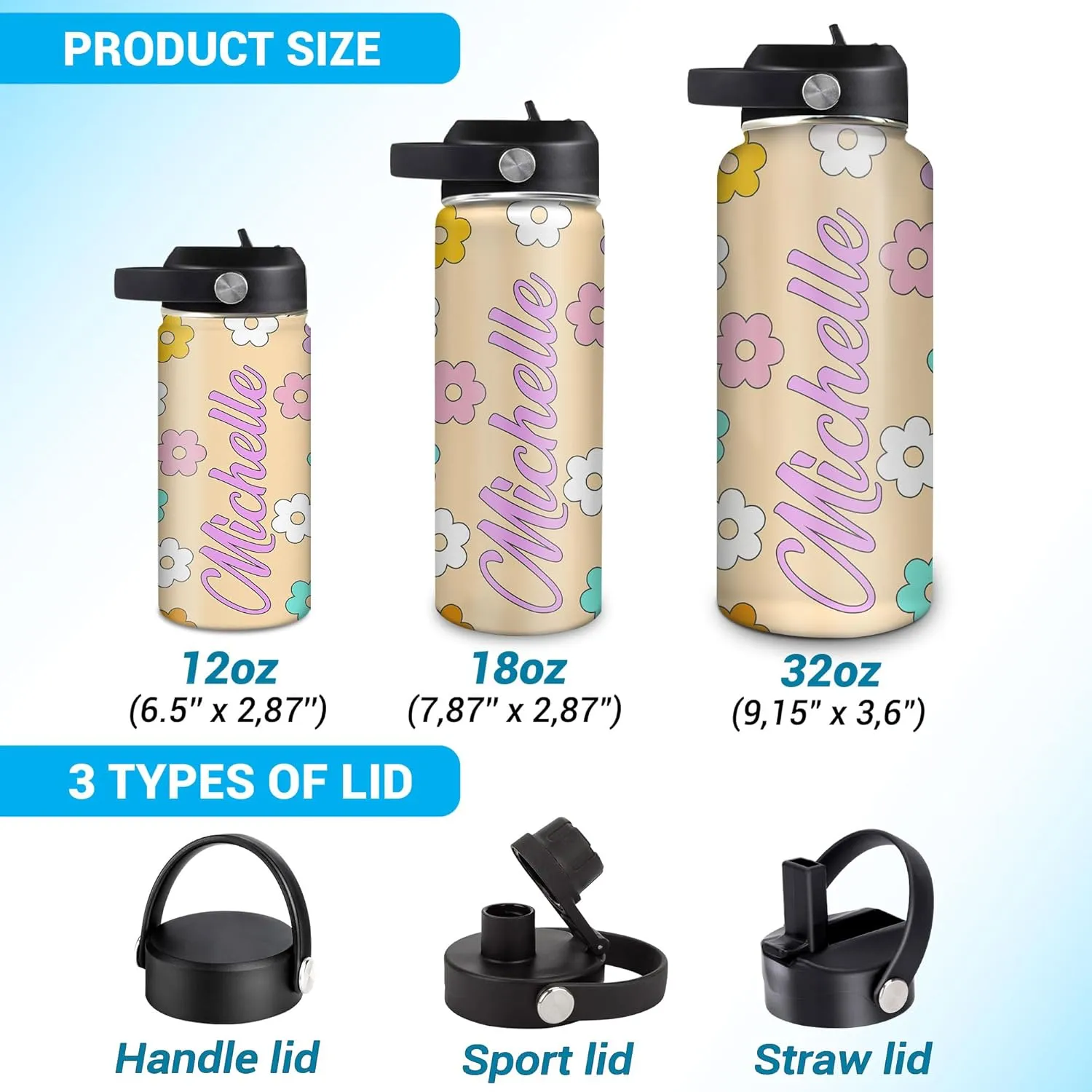 Hyturtle Personalized Gifts For Daisy Flower Lover - White Daisy Flower Print Custom Name Stainless Steel Water Bottle 12oz 18oz 32oz Stainless Steel Bottle With Straw Lid - Gifts For Her Women Girl