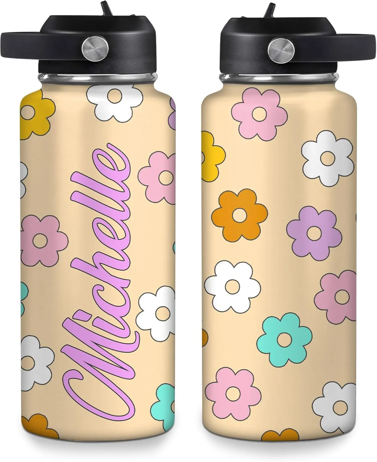 Hyturtle Personalized Gifts For Daisy Flower Lover - White Daisy Flower Print Custom Name Stainless Steel Water Bottle 12oz 18oz 32oz Stainless Steel Bottle With Straw Lid - Gifts For Her Women Girl