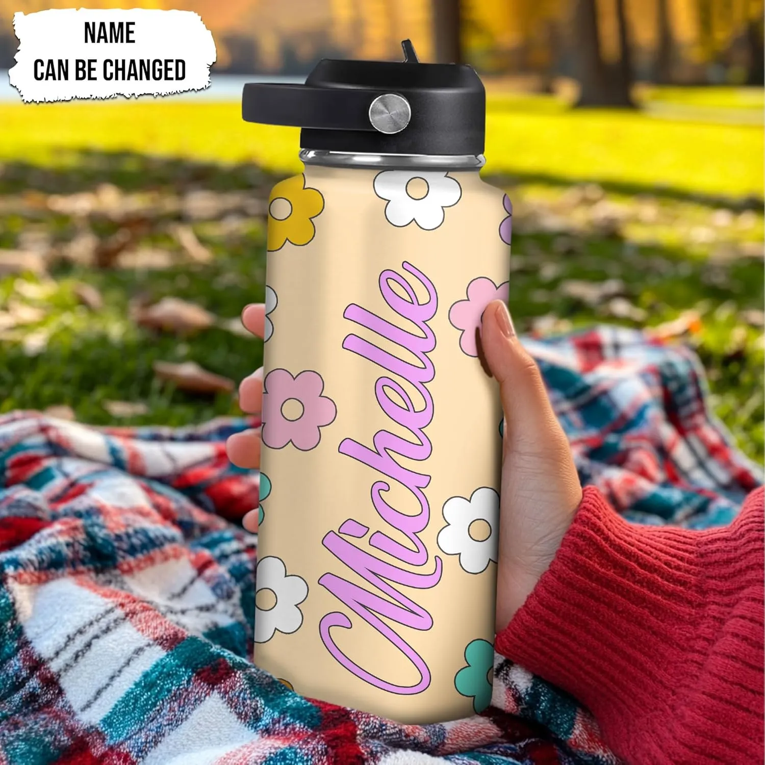 Hyturtle Personalized Gifts For Daisy Flower Lover - White Daisy Flower Print Custom Name Stainless Steel Water Bottle 12oz 18oz 32oz Stainless Steel Bottle With Straw Lid - Gifts For Her Women Girl