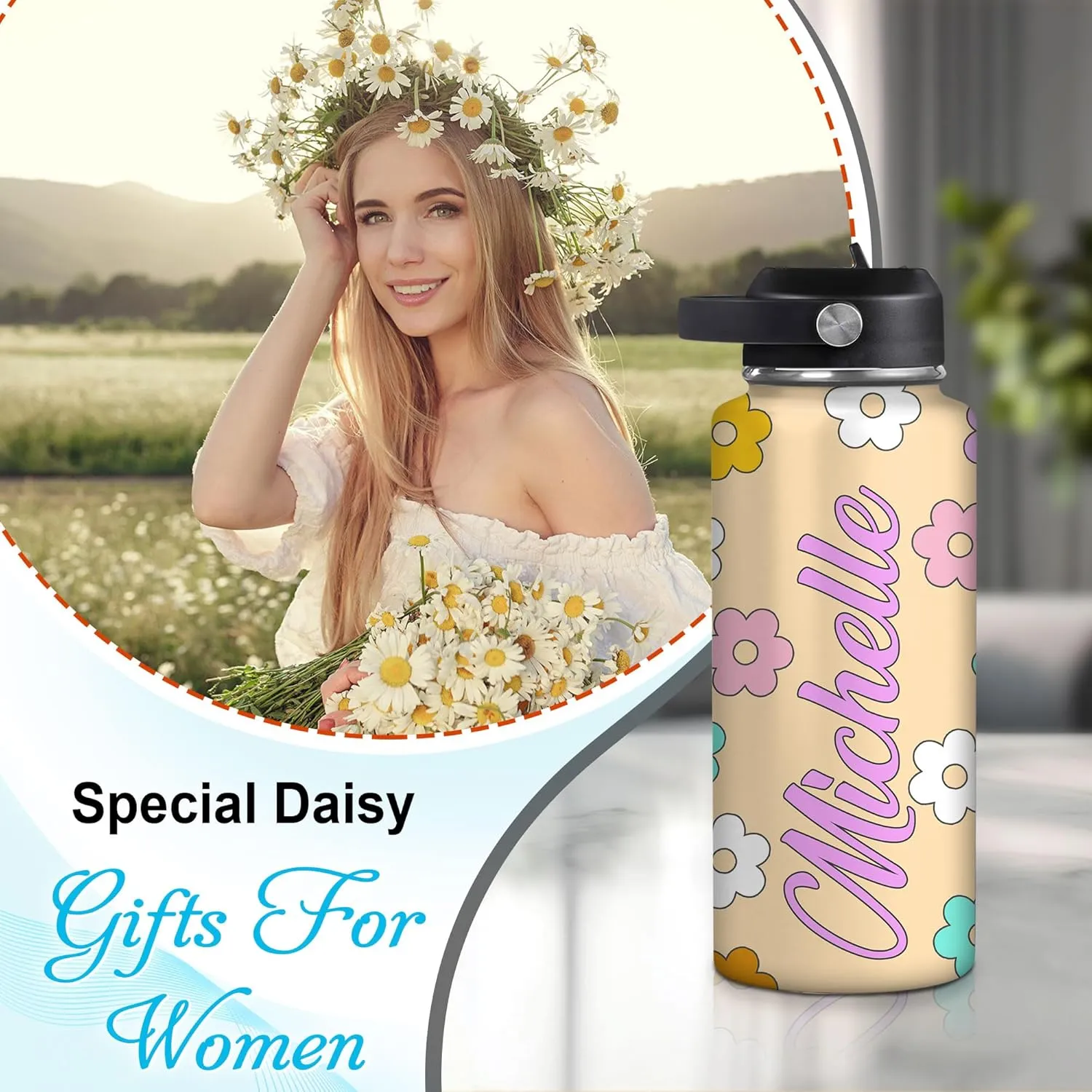 Hyturtle Personalized Gifts For Daisy Flower Lover - White Daisy Flower Print Custom Name Stainless Steel Water Bottle 12oz 18oz 32oz Stainless Steel Bottle With Straw Lid - Gifts For Her Women Girl