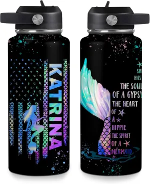 Hyturtle Personalized Gifts For Mermaid Lover - Birthday Christmas - A Hippe The Spirit Of A Mermaid 18oz 32oz Stainless Steel Bottle With Straw Lid Gifts For Women Girl Daughter Friend