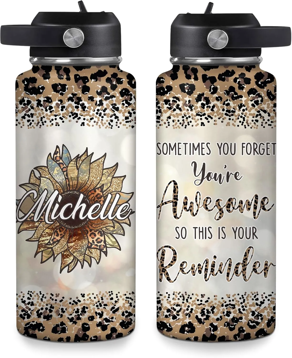 Hyturtle Personalized Gifts For Sunflower Lover - Sometimes You Forget You're Awesome Custom Name Stainless Steel Water Bottle 12oz 18oz 32oz With Straw Lid - Idea Floral Lover Gifts For Women Girl