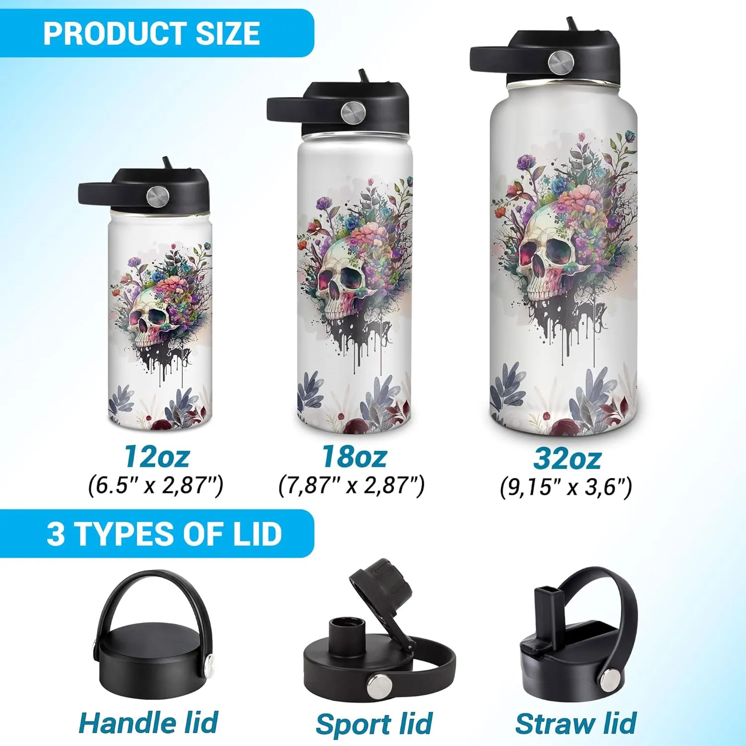 Hyturtle Personalized Skull Water Bottle - Travel Insulated Stainless Steel Bottle with Leak-Proof Lid 18oz 32oz - Skull Gift for Women Girls Skull Lovers with Floral Design - Birthday, Christmas Gift