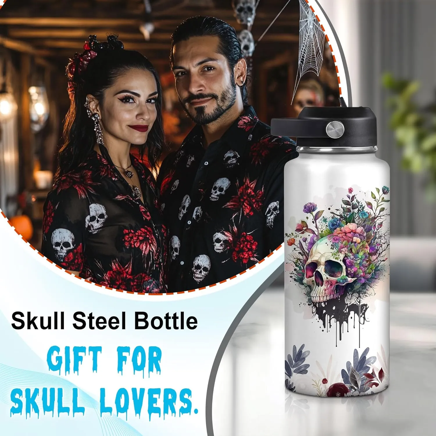 Hyturtle Personalized Skull Water Bottle - Travel Insulated Stainless Steel Bottle with Leak-Proof Lid 18oz 32oz - Skull Gift for Women Girls Skull Lovers with Floral Design - Birthday, Christmas Gift