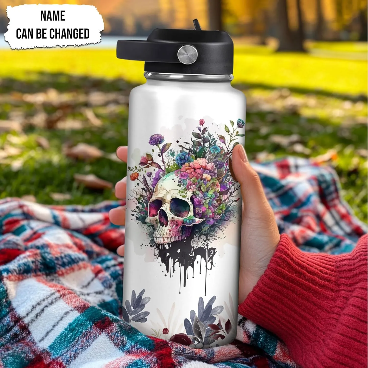 Hyturtle Personalized Skull Water Bottle - Travel Insulated Stainless Steel Bottle with Leak-Proof Lid 18oz 32oz - Skull Gift for Women Girls Skull Lovers with Floral Design - Birthday, Christmas Gift