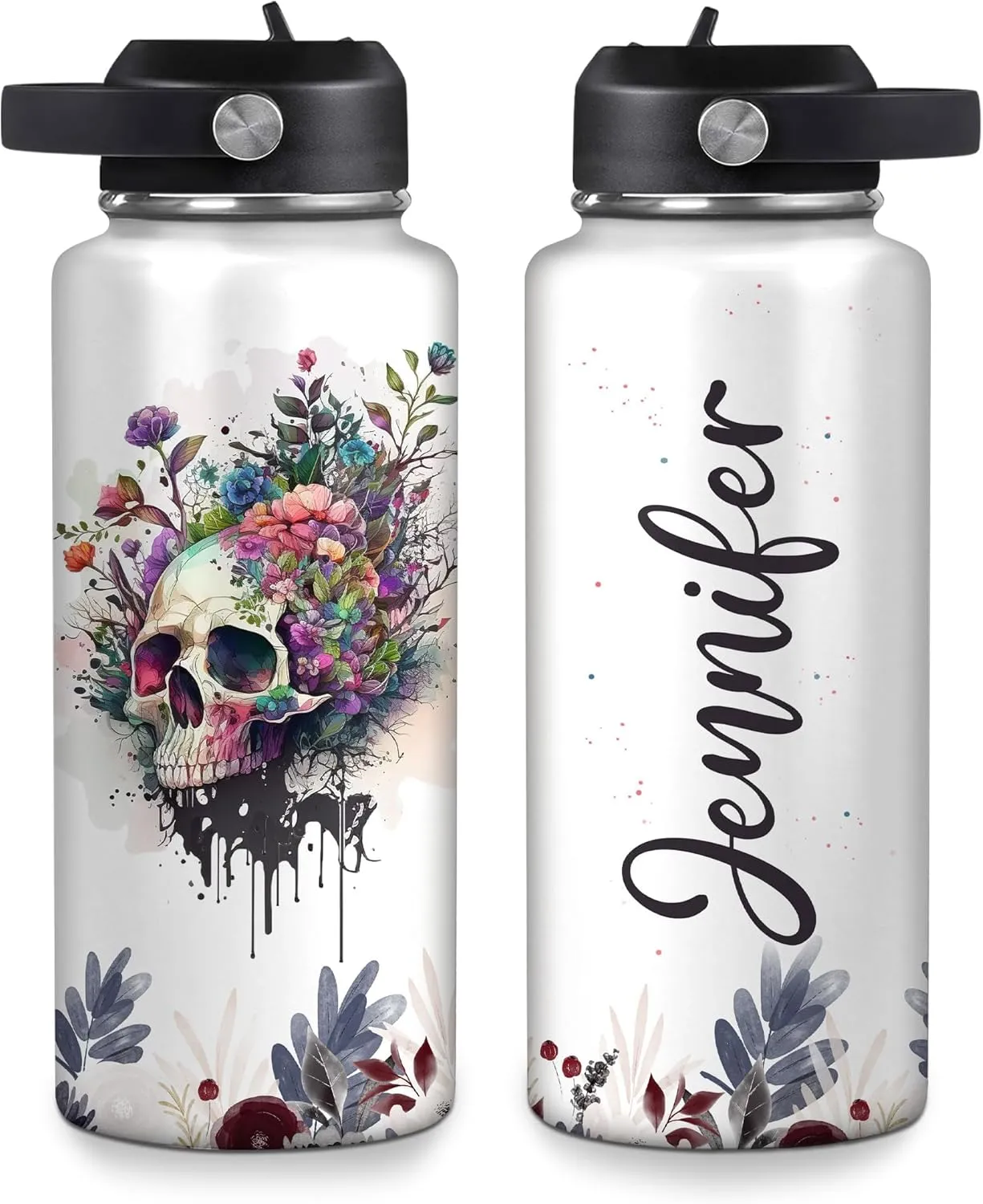 Hyturtle Personalized Skull Water Bottle - Travel Insulated Stainless Steel Bottle with Leak-Proof Lid 18oz 32oz - Skull Gift for Women Girls Skull Lovers with Floral Design - Birthday, Christmas Gift
