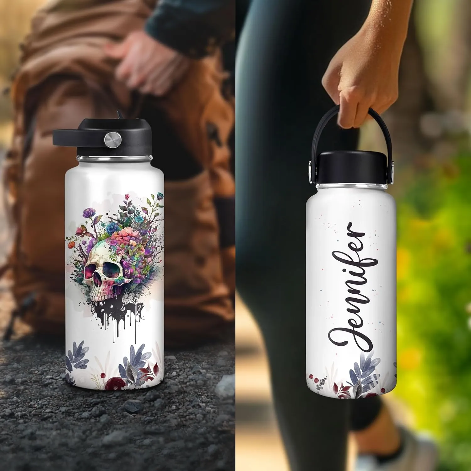 Hyturtle Personalized Skull Water Bottle - Travel Insulated Stainless Steel Bottle with Leak-Proof Lid 18oz 32oz - Skull Gift for Women Girls Skull Lovers with Floral Design - Birthday, Christmas Gift